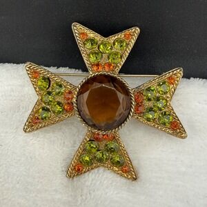 Vintage BSK Maltese Cross Brooch Gold Tone Rhinestone Signed READ